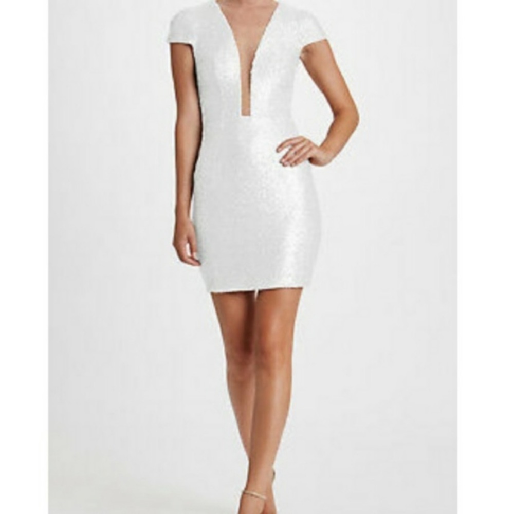 Dress the population white sequin plunge neck short dress